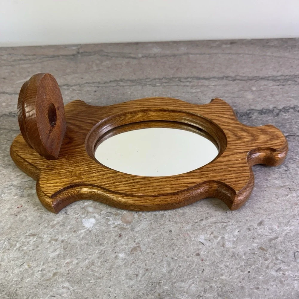 Vtg Oak Wall Mirror Shelf Oval Wood Entryway Bathroom Farmhouse Decor Handmade